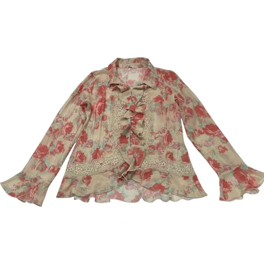 Free People Top Ivory Pink Floral‎ Ruffle Button Down Size M Victorian Feminine